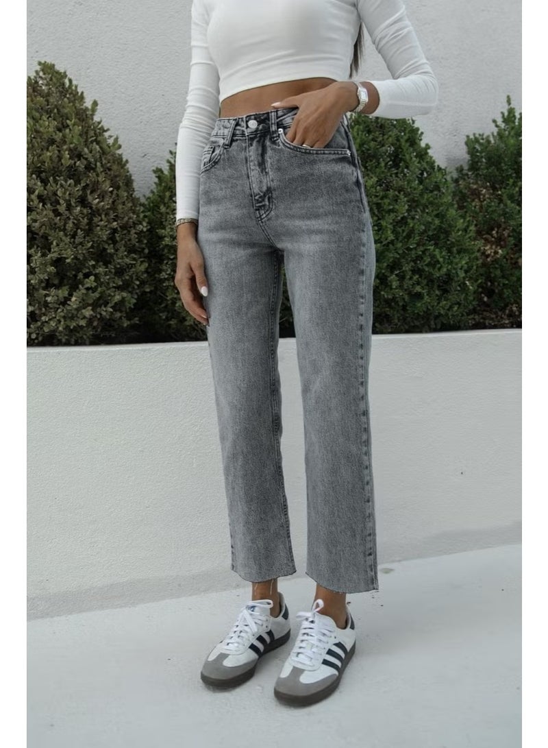 Grey Washed Full Length Cut Leg Jeans - Image 1
